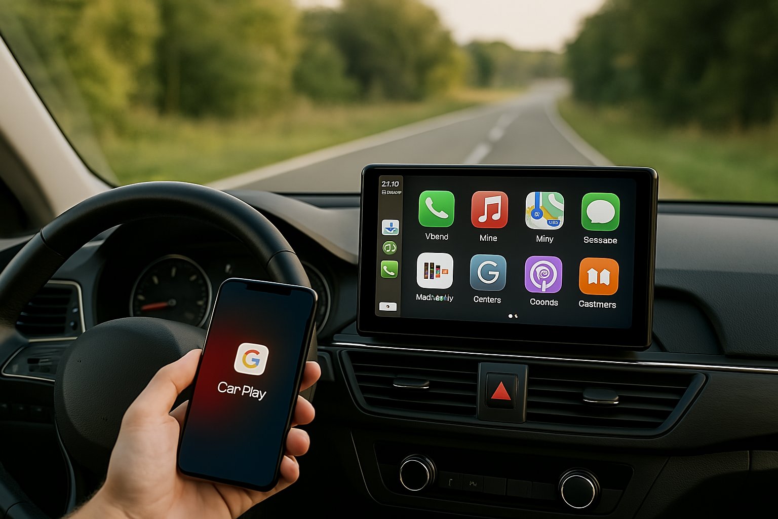 Een afbeelding van een autodashboard met Apple CarPlay en Android Auto geïntegreerd, weergegeven met apps zoals Telefoon, Muziek en Spotify, en benadrukt stemcontrole en ondersteuning voor meerdere navigatie-apps zoals Google Maps en Waze.