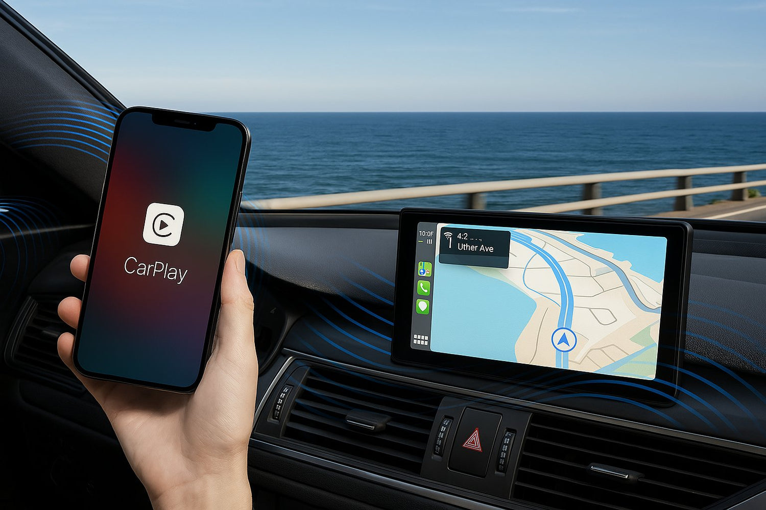 Icons representing the top 10 CarPlay and Android Auto features in 2025, evenly spaced within a dark landscape frame, including navigation, voice control, media, and connectivity.