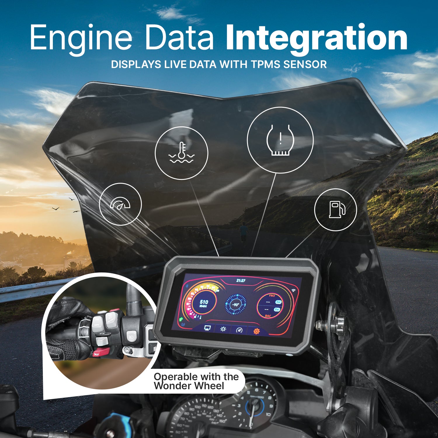 Motorcycle with an integrated digital display showing engine data, set against a scenic background.