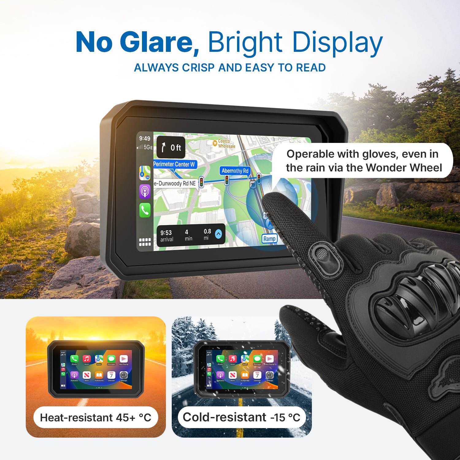 GPS device with touch screen and glove compatibility feature, displayed outdoors.