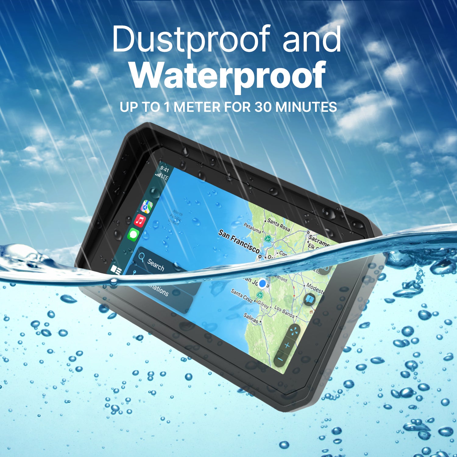 Tablet with waterproof case being submerged in water, with text indicating dustproof and waterproof features.